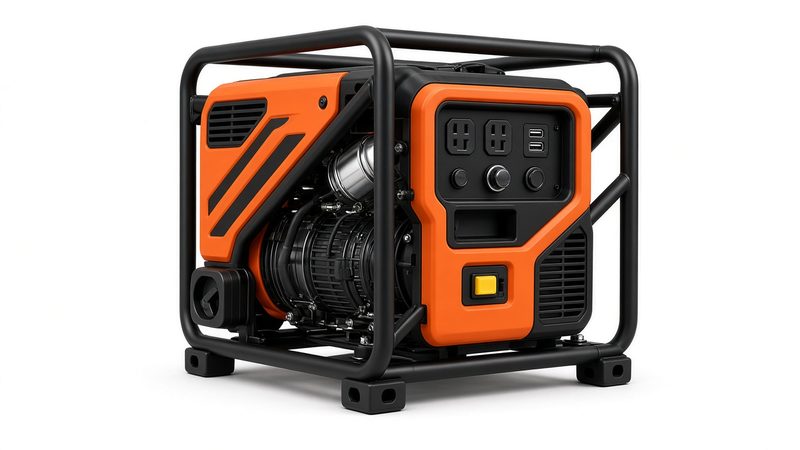 An orange and black open-frame inverter generator in a black tube frame, with outlets and switches on the front panel