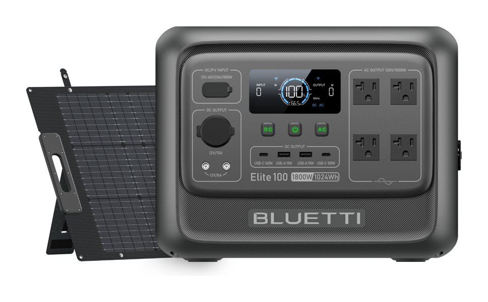 A dark gray BLUETTI Elite 100 portable power station with a display, AC outlets and USB ports, beside a black folding solar panel