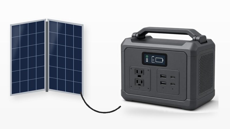 A dark gray portable power station with a carry handle and AC and USB outlets