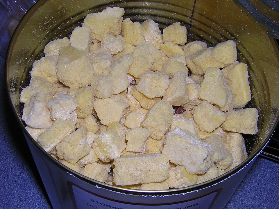 An open can of freeze-dried scrambled egg pieces, for storm prep in Pensacola, FL