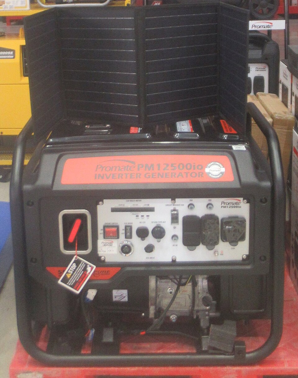 A red and black open-frame gasoline inverter generator inside a black tube frame, for storm prep in Pensacola, FL